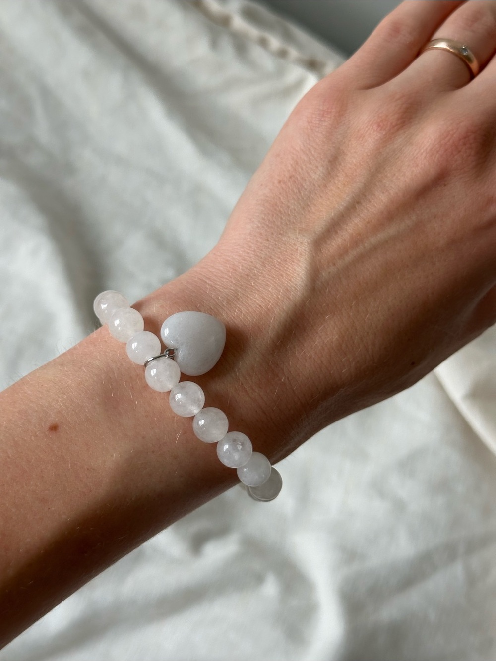 White Beaded Natural Crystal Heart Charm Bracelet - Women